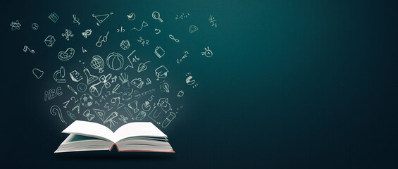 education concept. open books and hand drawn school doodle icons. studying, knowledge, learning idea