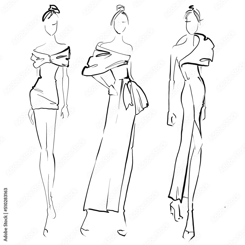 fashion dress sketches black and white Black and White Fashion Sketch Print: Casual Gala Dresses
