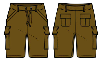 Wall Mural - Chino Cargo Shorts design flat sketch vector illustration, Utility casual shorts concept with front and back view, printed Cargo utility bermuda shorts design illustration