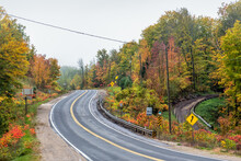 Winding Road Through A Rolling Forested Landscape On A Foggy Autumn Day. Autumn Colours. Countryside Of Ontario, Canada.