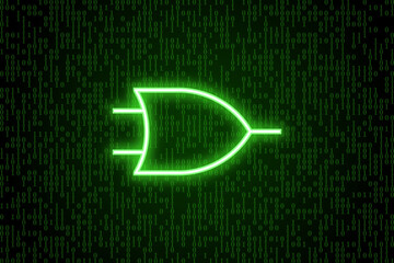 Digital logical or gate with green binary code background 