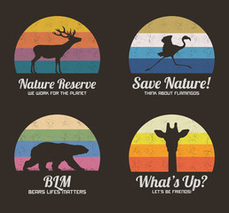 Sticker - Animal silhouette. Deer, flamingo, bear, giraffe. Retro t-shirt design