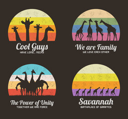 Sticker - Giraffe herd. Animal family silhouette. Retro vintage t-shirt design.