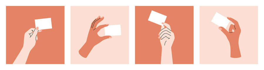 Set of posters with women's hands holding business cards. Template with blank sheet of paper for your information.
Cool design in calm colors. Hand drawn vector illustration.