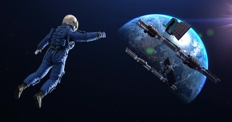 Wall Mural - astronaut spacewalk around space station. space mission. planet earth. space and technology related 