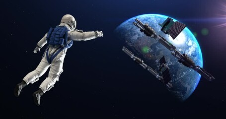 Wall Mural - engineer astronaut spacewalk around space station. maintenance mission. space and technology related