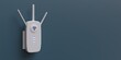 WiFi extender, wireless repeater isolated on blue wall. Internet booster, white, close up. 3d render