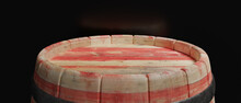 Old Wooden Wine Barrel, Dark Wine Cellar Background, Closeup View, 3d Render