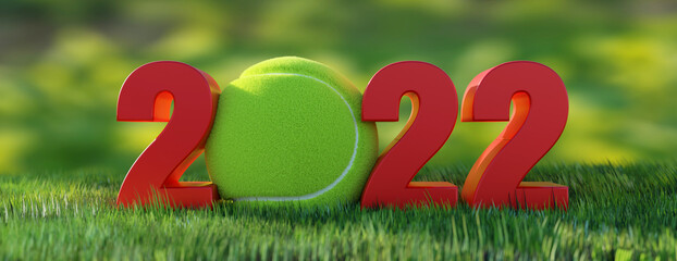 Wall Mural - 2022 Tennis event calendar. New year number with ball on green grass field background. 3d render