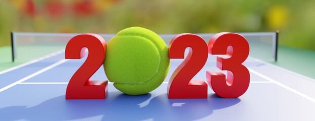 Wall Mural - 2023 Tennis calendar. New year number on open sport court floor background. 3d render