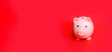 Pink Piggy Bank Isolated Against Red Background