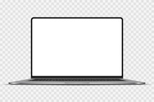 Realistic Darkgrey Notebook With Transparent Screen Isolated. New Laptop. Open Display. Can Use For Project, Presentation. Blank Device Mock Up. Separate Groups And Layers. Easily Editable Vector. PNG