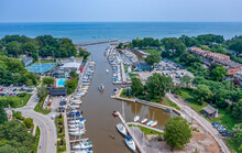 Aerial View Of Bronte Harbour Of Oakville, Ontario And Lake Ontario During A Sunny, Summer Day.