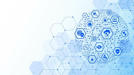 Poster - Blue background frame with information security, technical icons, symbols. Design of hexagons, spheres, ones, zeros, line. Binary system. Digital matrix, network. Poster industry, business, science.