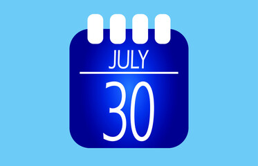 Day 30 of the month of July. July month calendar in blue.