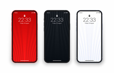 Different Variations Minimalist Red Black White 3D Smooth Blur Geometric Lines Wallpaper Set On Photo Realistic Smart Phone Screen Isolated On White Back. Vertical Abstract Screensavers For Smartphone