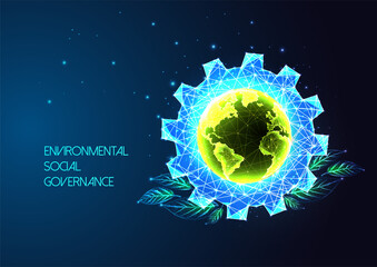 Wall Mural - Concept of Environmental social governance ESG with planet Earth, gear and green leaves on dark blue