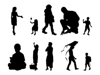 Vector illustration, Outline silhouettes of people, Contour drawing, people silhouette, Icon Set Isolated , Silhouette of sitting people, Architectural set	
