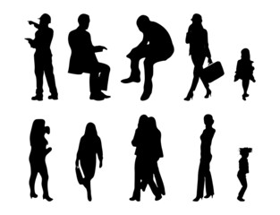 Vector illustration, Outline silhouettes of people, Contour drawing, people silhouette, Icon Set Isolated , Silhouette of sitting people, Architectural set	
