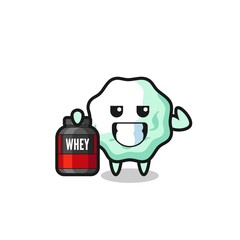 Poster - the muscular chewing gum character is holding a protein supplement