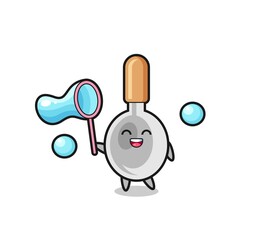 Poster - happy cooking spoon cartoon playing soap bubble