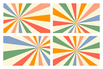 Wall Mural - Sunbeam glow horizontal backgrounds in blue, red, yellow, green and beige colors. Trendy retro vector illustration. Circus poster or placard. Pastel colors
