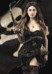 Portrait of a female pirate standing before her flag after recently firing her black powder pistol. 3d rendering