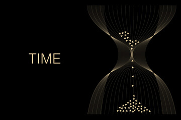 Abstract concept of time. Hourglass from gold light lines and diamond  particles flowing isolated on black background. Vector illustration in modern, luxury, elegant colors.