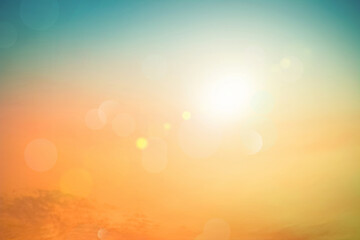 Wall Mural - Abstract blurred sunlight beach colorful blurred bokeh background with retro effect autumn sunset sky have blue bright, white, and color orange calm.