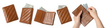 Collection Of Brown Leather Wallet, Women Hand Open An Empty Wallet On White Background. Top View Brown Leather Wallet.