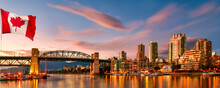 Panorama View Granville Island Near Burrard Street Bridge At Twilight In Vancouver, Canada	
