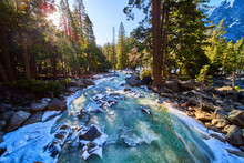 Stunning Yosemite Rivers In Early April With Frosted Rocks And Icy Rivers