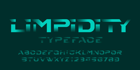 Poster - Limpidity alphabet font. Futuristic letters and numbers with gradient elements. Stock vector typeface for your typography design.