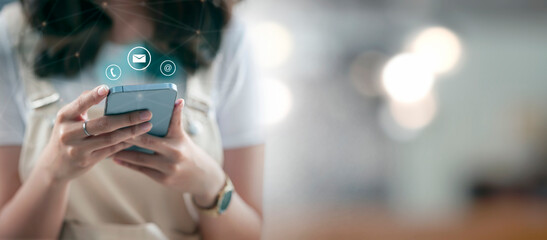 Wall Mural - young woman using smartphone with social media application display, lifestyle and leisure via cybers