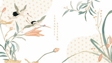 Crane Birds And Art Natural Landscape Background With Watercolor Texture Vector. Branch With Leaves And Flower Decoration In Vintage Style. Geometric Pattern.
