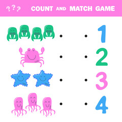 Naklejka na meble Counting game for preschool children. Educational a mathematical game. How many. Learning mathematics, numbers, addition theme. cute sea animals
