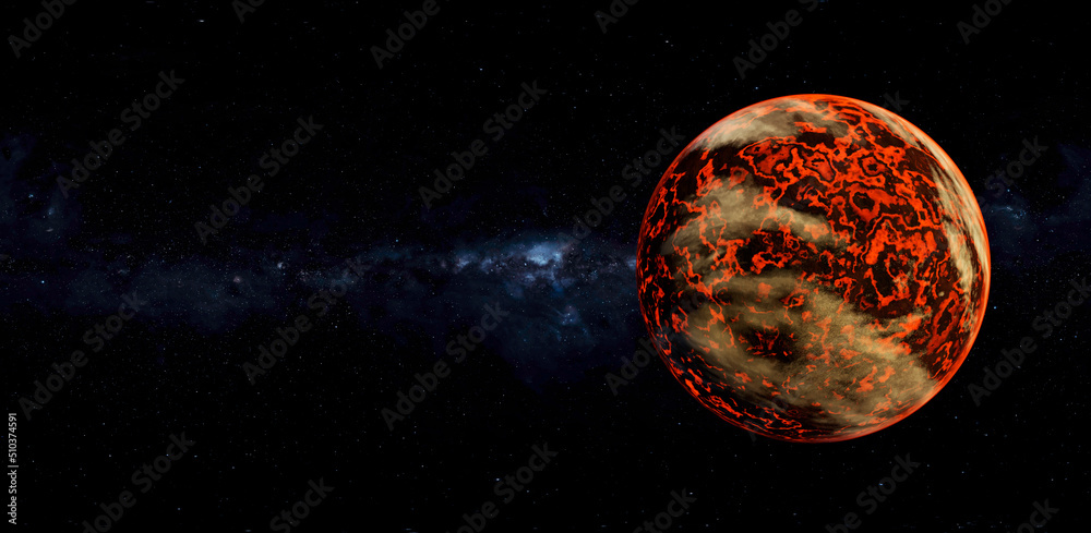 Red fiery planet with lava and volcan in the starry space with milky ...