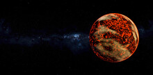 Red Fiery Planet With Lava And Volcan In The Starry Space With Milky Way Background. Elements Of This Image Furnished By NASA. 3d Rendering.
