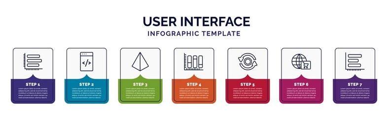 Poster - infographic template with icons and 7 options or steps. infographic for user interface concept. included simple chart interface, data coding, triangular pyramid, vertical data bars, data looping