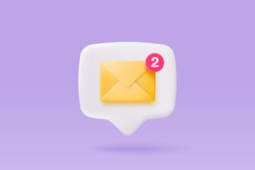 3d mail envelope icon with notification new message on purple background. Minimal email letter with notification red bubble unread icon. message concept 3d vector render isolated pastel background