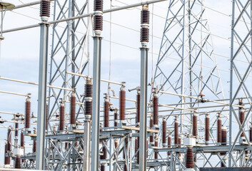 Many high voltage electrical insulators in power substation ,Energy supply to the community