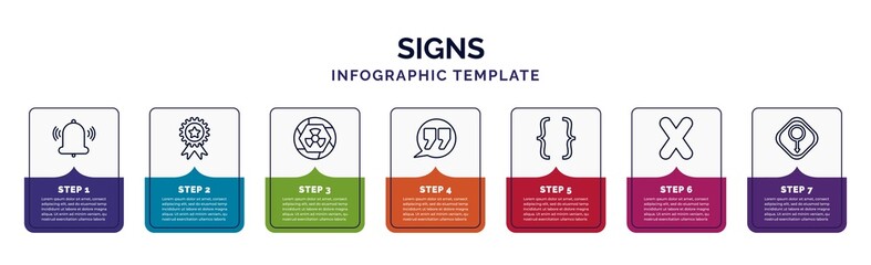 Poster - infographic template with icons and 7 options or steps. infographic for signs concept. included alarm, premium badge, radioactive, quotes, parenthesis, no, male gender icons.