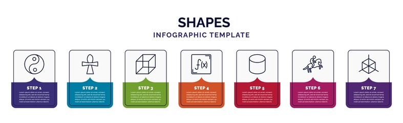 Poster - infographic template with icons and 7 options or steps. infographic for shapes concept. included yin and yang, christian cross, cube, function, cylinder volumetric, horseman, cube geometrical icons.