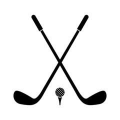 Two crossed golf clubs and ball. Stick for golf black silhouette. Sport game. Vector 10 ESP.