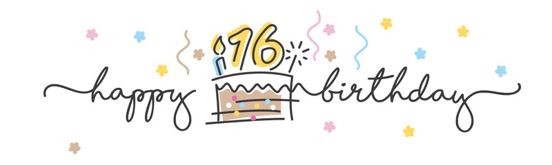 Wall Mural - 16th Birthday handwritten typography lettering Greeting card with colorful big cake, number, candle and confetti