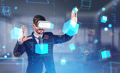 Poster - businessman in vr glasses, working with data blocks in cyberspace, metaverse