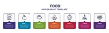 Infographic Template With Icons And 7 Options Or Steps. Infographic For Food Concept. Included Popcorn Shop, With Leaf, Sushi Prawn, Fish Food, Zombie Muffin, Pancake, Dish And Toothpick Icons.
