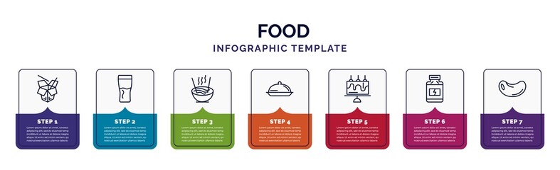 infographic template with icons and 7 options or steps. infographic for food concept. included chinese food, pint, noodle soup, salver, celebration cake, protein container, bean icons.