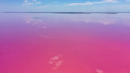 Aerial view of salt lake with pink water, lagoon Sivash, Ukraine, recreation place. Lake naturally turns pink due to salts and small crustacean Artemia in the water.