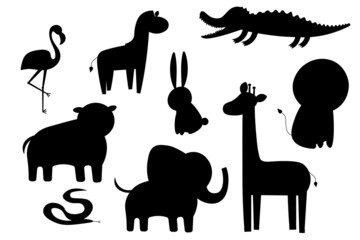 Africa animals silhouettes, isolated on white background vector illustration. Africa animals contour. Africa mammals big vector set. Hippo, elephant, giraffe, lion icon EPS